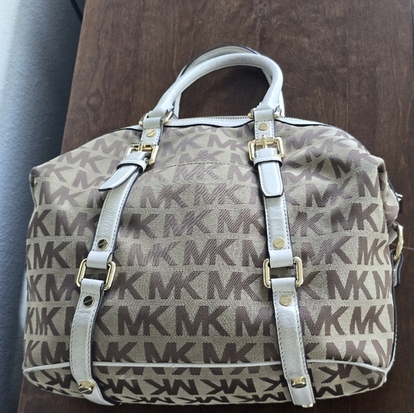 Michael Kors Handbag Bedford Women Medium Logo Jacquard Satchel Beige Vanilla - Picture 12 of 15